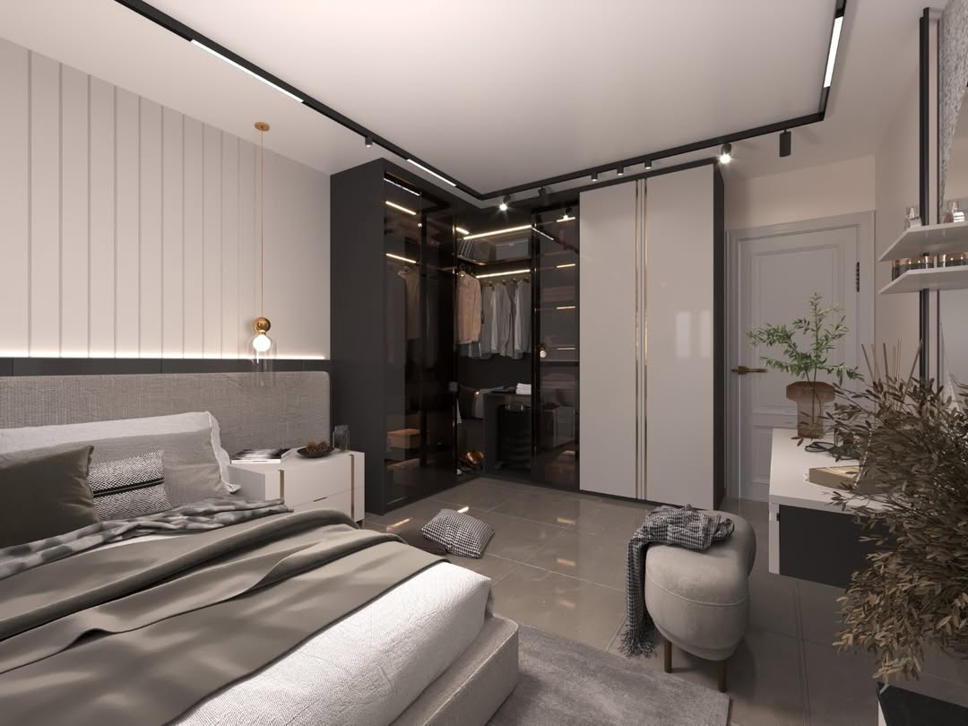 من أحدث أعمالنا في تصميم غرف النوم—تنسيق ألوان، إضاءة مناسبة، وتفاصيل بتكمّل بعضها. جودة تليق بي 1