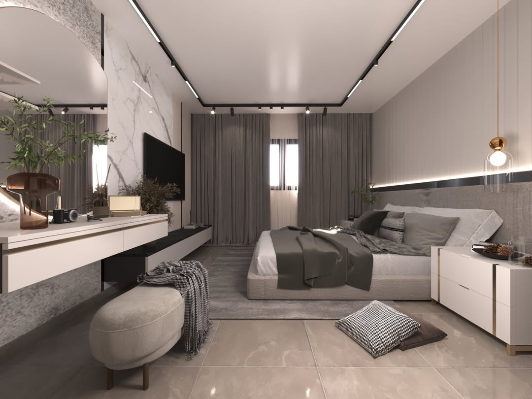من أحدث أعمالنا في تصميم غرف النوم—تنسيق ألوان، إضاءة مناسبة، وتفاصيل بتكمّل بعضها. جودة تليق بي 3